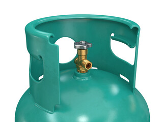 Turquoise gas cylinder with valve close-up on a white background, 3d render