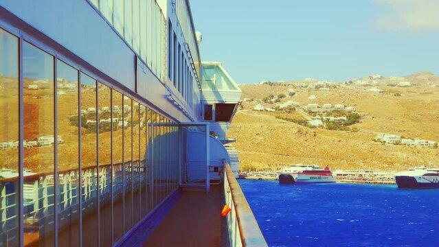 View of Santorini from the deck of a cruise ship anchored in roadstead