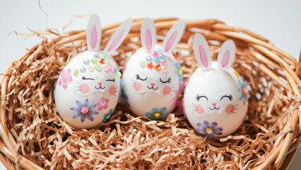 banner. Easter eggs in the form of hares on a white background. Flat styling. Copy the place for the text.