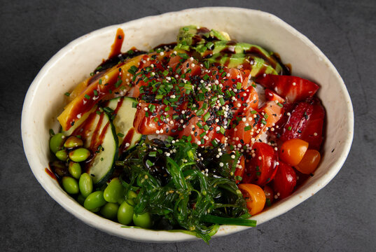 Delicious poke bowl in restaurant
