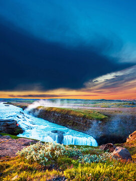 Magical charming bright colorful landscape with a famous Gullfoss waterfall in the sunrise in Iceland. Exotic countries. Amazing places. Popular tourist atraction. (Meditation, antistress - concept). © anko_ter