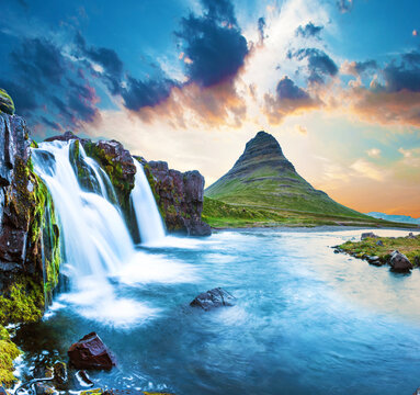 Beautiful natural magical scenery with a waterfall Kirkjufell near the volcano in Iceland. Exotic countries. Amazing places. Popular tourist atraction. (Meditation, antistress - concept). © anko_ter