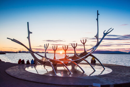 Reykjavik, Iceland &ndash; June 22, 2019 : symbol of Reykjavik, famous sculpture Sun Voyager (viking ship) on the seafront on harbor of Iceland's capital Reykjavik 