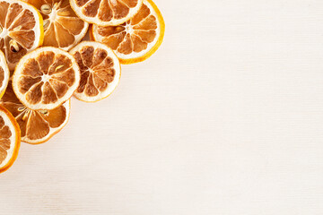 Dried lemon slices on a white background. copy space