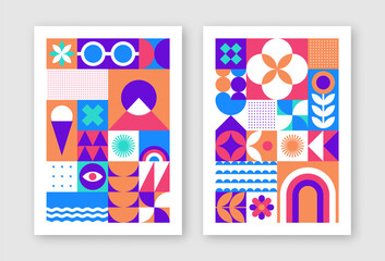 Set of two retro geometric posters. Bauhaus design template. Vector summer time covers. - 500283117