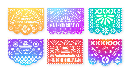 Gradient Papel Picado cards set. Mexican paper decorations for party. Cut out compositions for paper garland. May 5, mexican holiday Cinco de Mayo. - 500283121