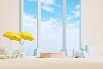 Minimal composition for vacation holiday and summer concept. Beach umbrella , sun lounger,blue sky and tropical leaves. Product display, abstract geometric shape yellow and pink. Trendy 3d render
