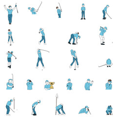An illustration set of golfers' addresses, shots, and poses.