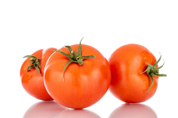 Three red ripe tomatoes, macro, isolated on a white background.