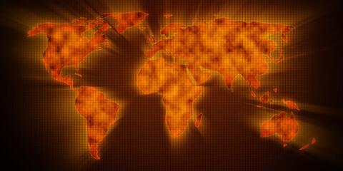 Global Warming Concept Abstract Background with glowing and blazing flames inside the world map. Climate change impacts the environment of the world