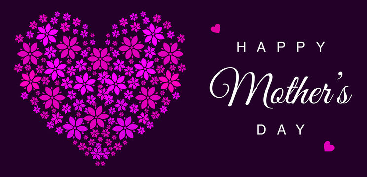 Happy Mothers Day Abstract Cover Design with Colorful Flowers and Hearts. Elegant mothers day wallpaper design in the beautiful purple color backdrop