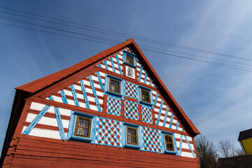 Half-timbered farmhouse, folk architecture in Milhostov, Western Bohemia, Czech Republic