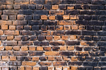 Close up photo of rustic and retro styled brick wall texture background. Old dark and black stained pattern design.
