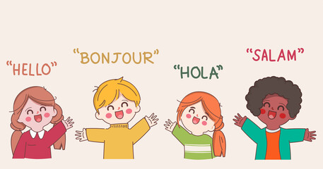 Happy young people saying hello in different languages. © Felizlalala