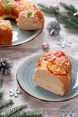 Three kings day cake or bread on rustic background, top view