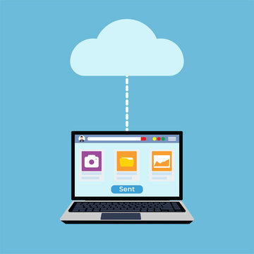 Files and information transferring to cloud storage concept. Cloud server and storage concept with a laptop sharing files. Image file and camera icon inside a laptop, data transformation concept.