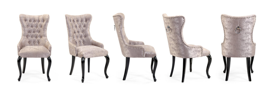 Single chair at different angles on a white background . 