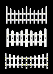 Set of white wooden fences. Vector illustration isolated on black background