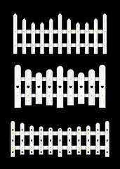 Set of white wooden fences. Vector illustration isolated on black background