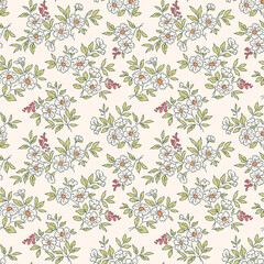 Cute floral pattern in the small flower. Seamless vector texture. Elegant template for fashion prints. Printing with small white flowers. Light beige ivory background. Stock print.