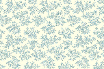 Vintage floral background. Floral pattern with flowers drawn in blue line on a white background. Seamless pattern for design and fashion prints. Liberty style. Stock vector illustration.