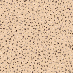 Cute floral pattern in the small leaves. Seamless vector texture. Elegant template for fashion prints. Printing with small black flowers. Light beige background. Stock print.