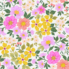 Fototapeta na wymiar Seamless vector floral pattern. Liberty background of bright colorful realistic flowers. Print with bouquets of flowers from the garden. Bright yellow and pink flowers on a white background.