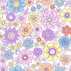 Colorful 60s -70s style retro hand drawn floral pattern. Multicolored flowers. Vintage seamless vector background. Hippie style, print  for fabric, swimsuit, fashion prints and surface design. Stock.