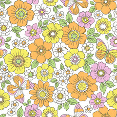 Colorful 60s -70s style retro hand drawn floral pattern. Yellow orange flowers. Vintage seamless vector background. Hippie style, print  for fabric, swimsuit, fashion prints and surface design. Stock.