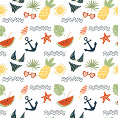 Summer mood. Colorful seamless summer pattern with hand drawn elements. Summer vacation. Fashion print design, vector illustration