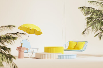 Obraz premium Minimal composition for vacation holiday and summer concept. Beach umbrella , sun lounger,blue sky and tropical leaves. Product display, abstract geometric shape yellow and pink. Trendy 3d render 
