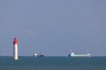 Phare de Chauvea near Ile de Re with ships to La Rochelle, Pays de la Loire, France