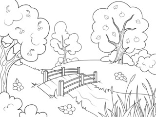 Landscape nature, garden with trees and river. Wooden bridge. Children coloring book.