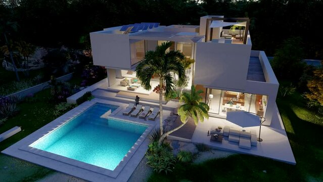 Aerial view of a Sustainable luxury villa at dusk