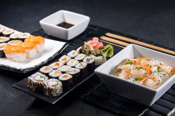 Various dishes of Asian cuisine with typical sushi