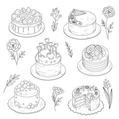 Set of cakes and flowers. Sketch, outline on white background. Dessert for decorating pastry shop.