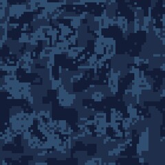 
Blue pixel pattern camouflage, vector texture, background repeat. Disguise.