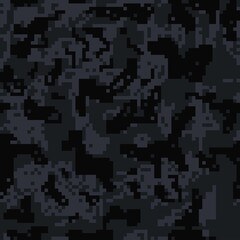 
Pixel texture camouflage black pattern vector seamless, trendy night background.