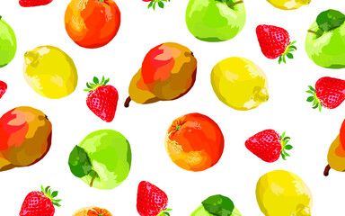 Fruits and berries vector seamless pattern. Apple, orange, strawberry, lemon, strawberry