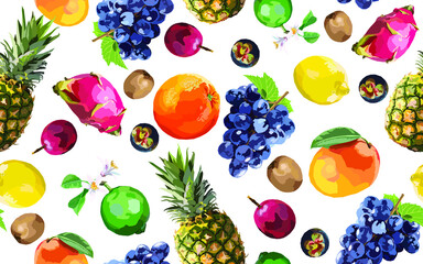 Big tropical fruit mix seamless pattern. illustration with exotic juicy fruit. Pineapple, feijoa, aronge, papaya, pitaya, lime, lemon, grape set. Nice colorful summer picture for fabric, wallpaper