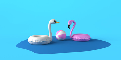 Pink flamingo and white swan inflatable float floating in a pool of water with beach ball. 3D illustration. Copy space.