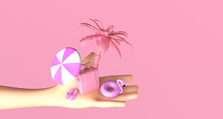 Summer vacation concept with hand holding beach chair, umbrella and flamingo float. Copy space. 3D illustration.