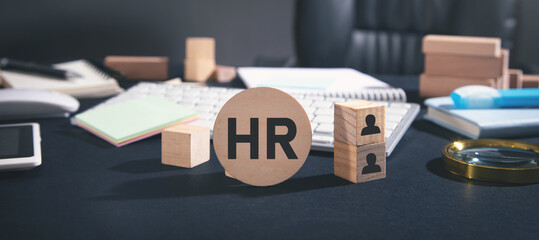 HR on wooden cubes. Human resources. Management
