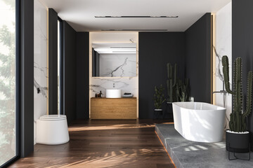 Black and marble bathroom interior with a white bathtub standing on a concrete platform. Minimalist bathroom with parquet,cactus and modern furniture. 3d rendering
