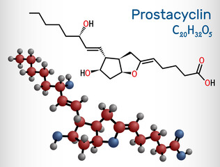 Prostacyclin, prostaglandin I2, PGl2, epoprostenol molecule. It is prostaglandin member of the eicosanoid family of lipid molecules. Structural chemical formula and molecule model.