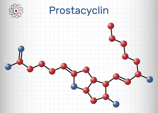Prostacyclin, prostaglandin I2, PGl2, epoprostenol molecule. It is prostaglandin member of the eicosanoid family of lipid molecules. Molecule model. Sheet of paper in a cage