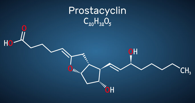 Prostacyclin, prostaglandin I2, PGl2, epoprostenol molecule. It is prostaglandin member of eicosanoid family of lipid molecules. Structural chemical formula, dark blue background