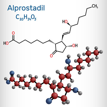 Prostaglandin E1, PGE1, alprostadil molecule. It is potent vasodilator agent, medication used to treat erectile dysfunction. Structural chemical formula and molecule model.