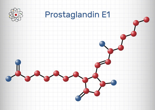 Prostaglandin E1, PGE1, alprostadil molecule. It is potent vasodilator agent, medication used to treat erectile dysfunction. Molecule model. Sheet of paper in a cage.
