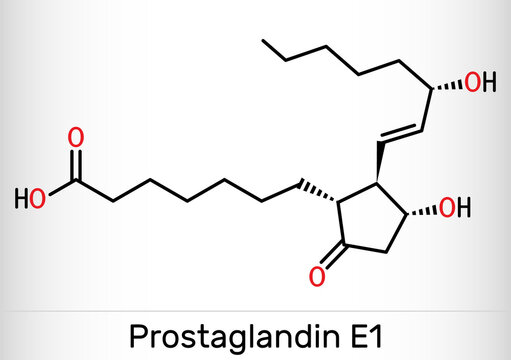 Prostaglandin E1, PGE1, alprostadil molecule. It is potent vasodilator agent, medication used to treat erectile dysfunction. Skeletal chemical formula